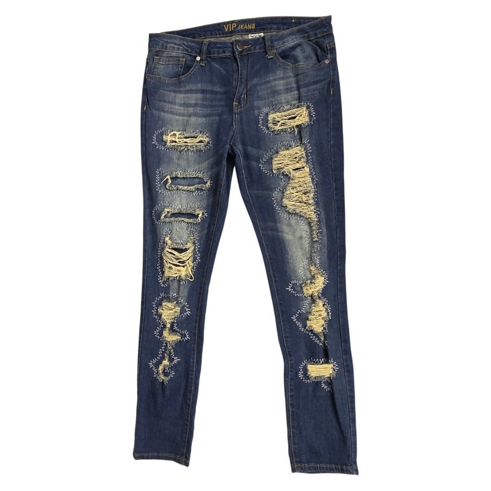 VIP Jeans Womens Distressed Ripped Repaired Skinny Jeans Dark Wash Size 11/12